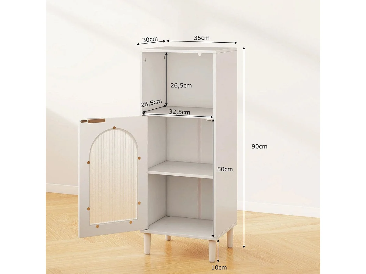 Mobiletto da bagno Mobiletto da bagno stretto con scomparto aperto e porta in vetro Mobiletto da bagno in legno con ripiano regolabile 35 x 30 x 90 cm Bianco