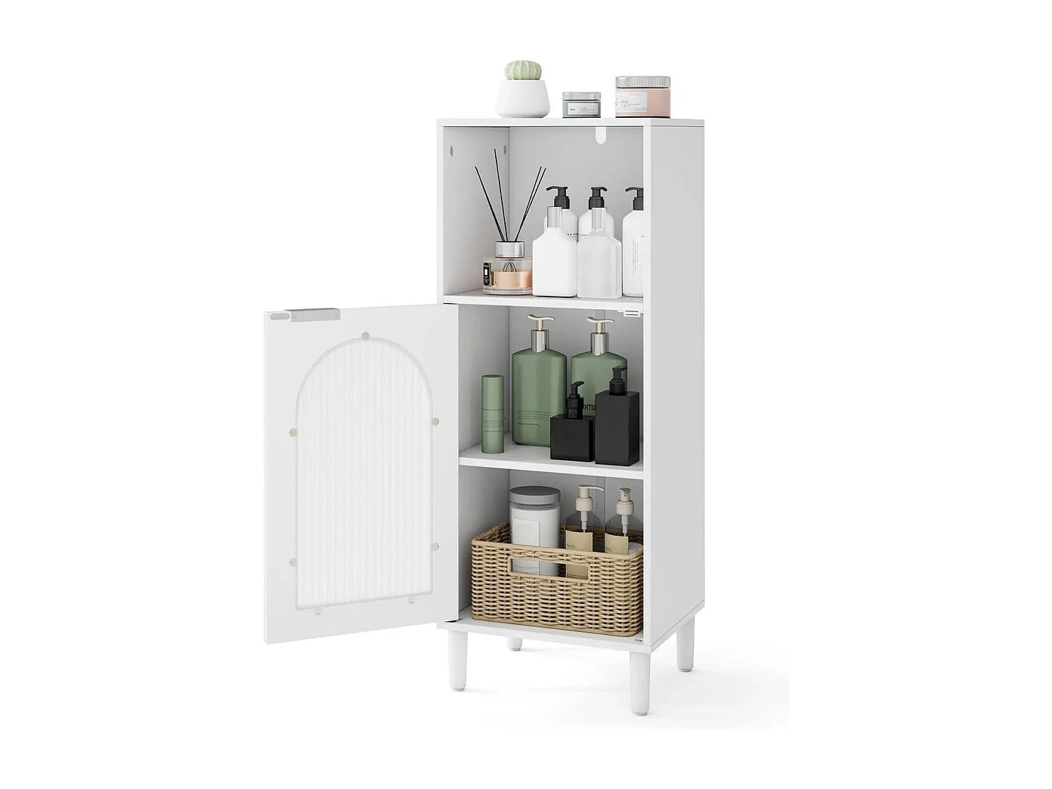 Mobiletto da bagno Mobiletto da bagno stretto con scomparto aperto e porta in vetro Mobiletto da bagno in legno con ripiano regolabile 35 x 30 x 90 cm Bianco