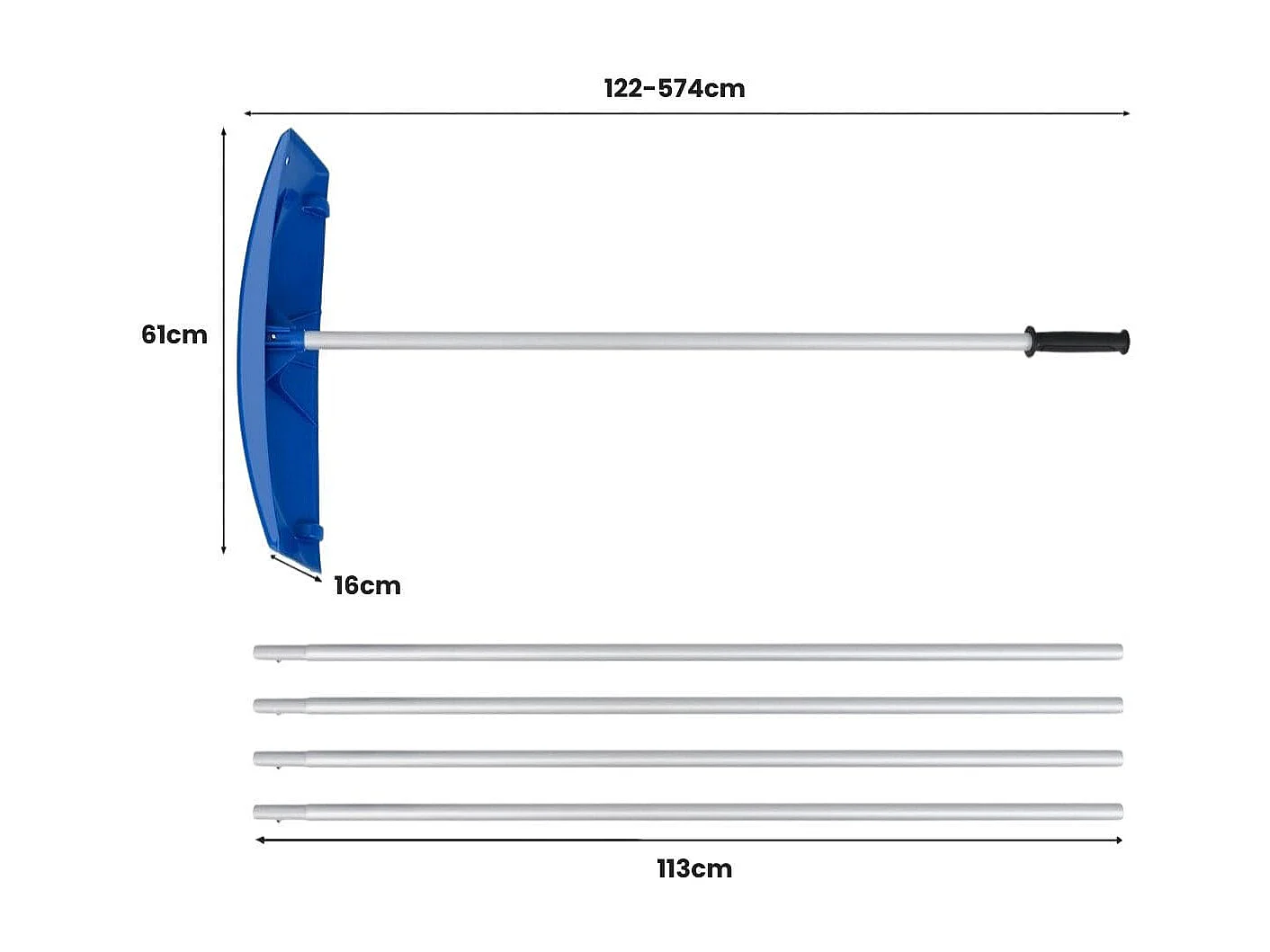 Râteau de Toit à Neige en Aluminium, Déneigement de Toit Réglable avec 5 Tiges Longueur Max de 574 cm 2 Roues Lisses Tête Large Garage