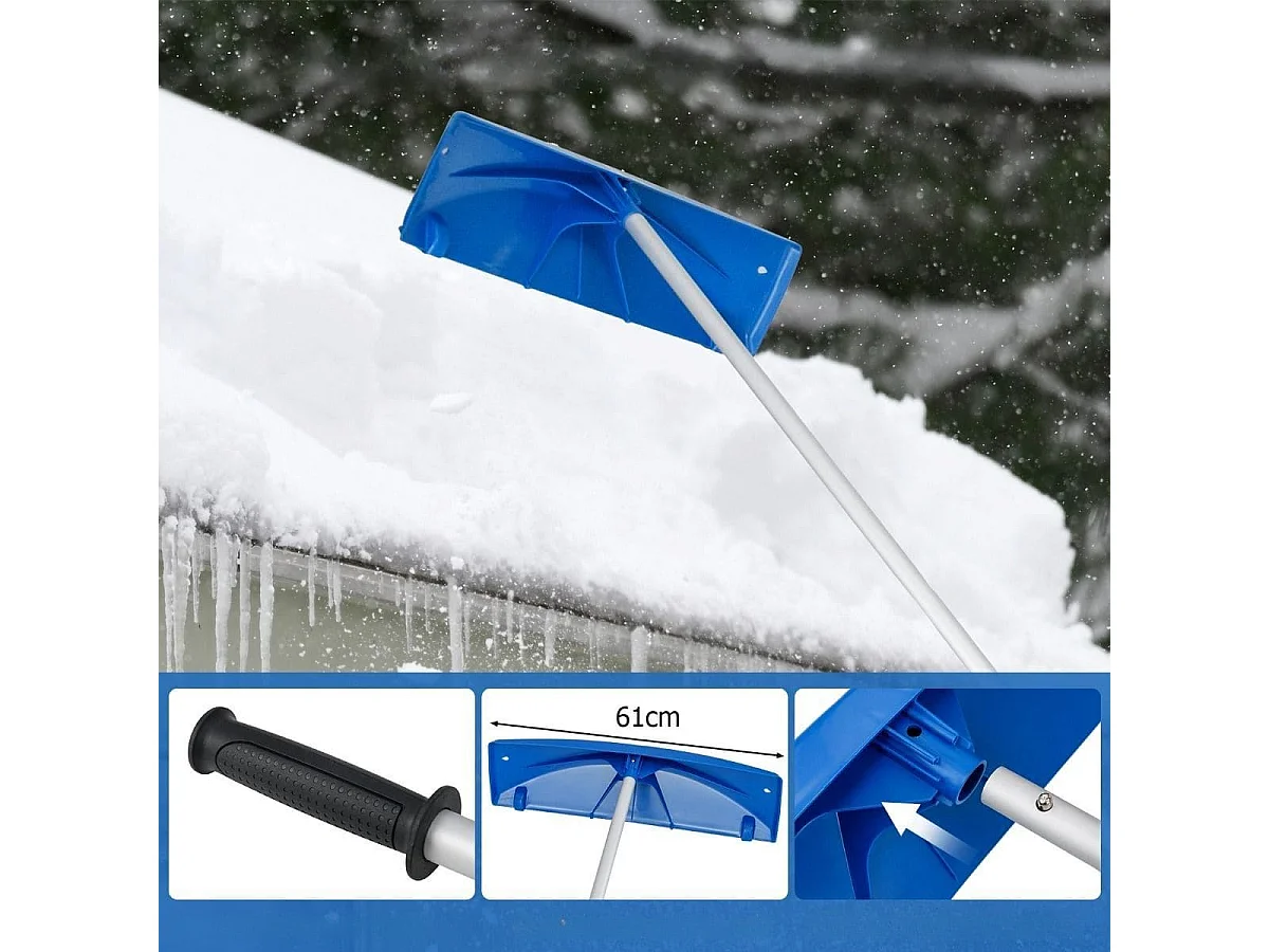 Râteau de Toit à Neige en Aluminium, Déneigement de Toit Réglable avec 5 Tiges Longueur Max de 574 cm 2 Roues Lisses Tête Large Garage