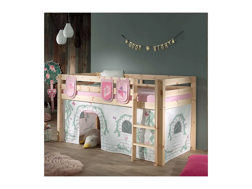 Kiefer Halbhochbett massiv lackiert Vorhang