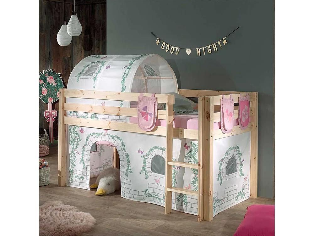 Kiefer Halbhochbett massiv lackiert Vorhang