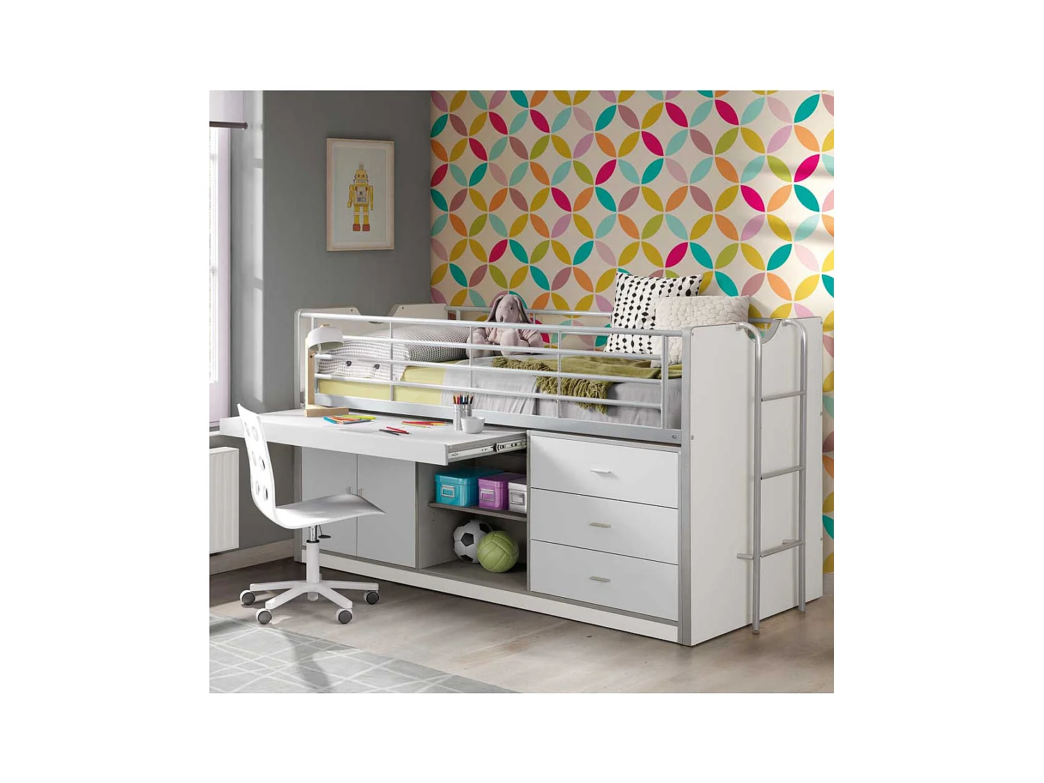Kinderhochbett mit Schreibtisch Weiß