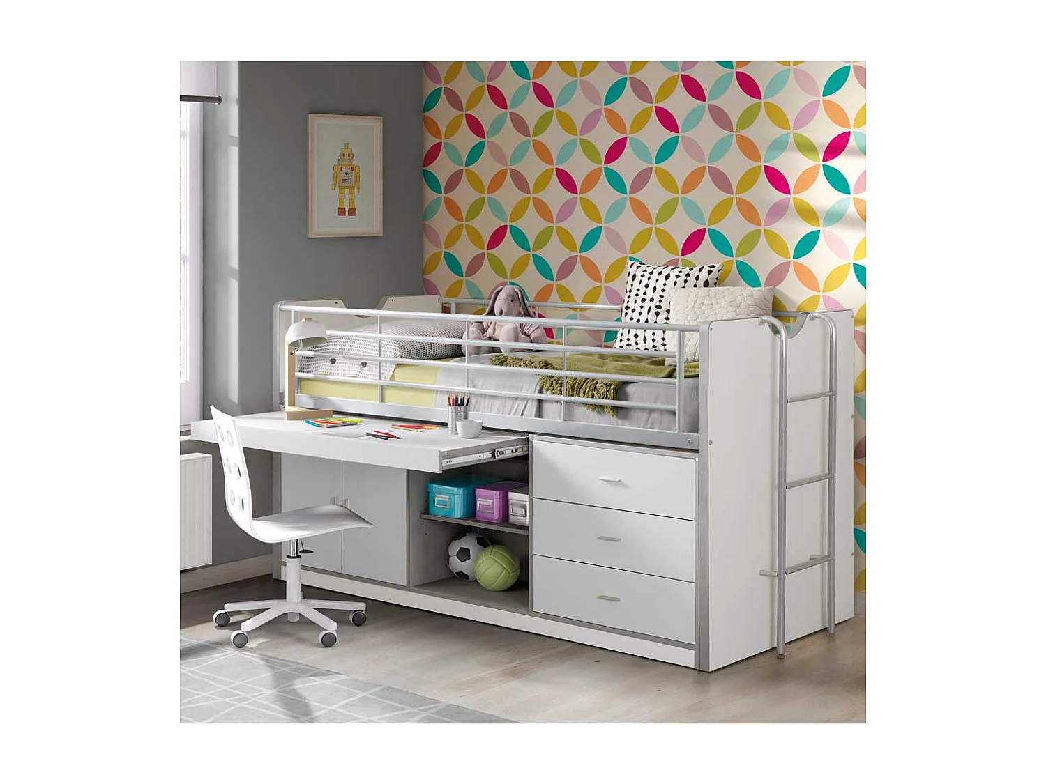 Kinderhochbett mit Schreibtisch Weiß