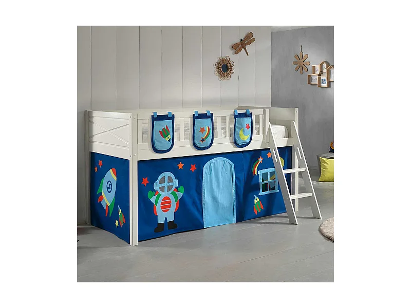Hochbett Kind aus Kiefer Massivholz Astronauten Motiv