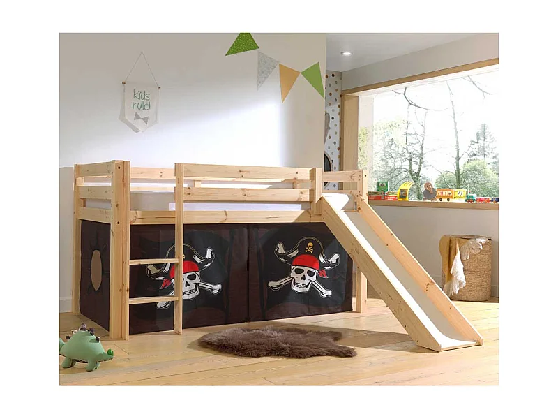 Spielbett Pirat aus Kiefer Massivholz Rutsche & Vorhang