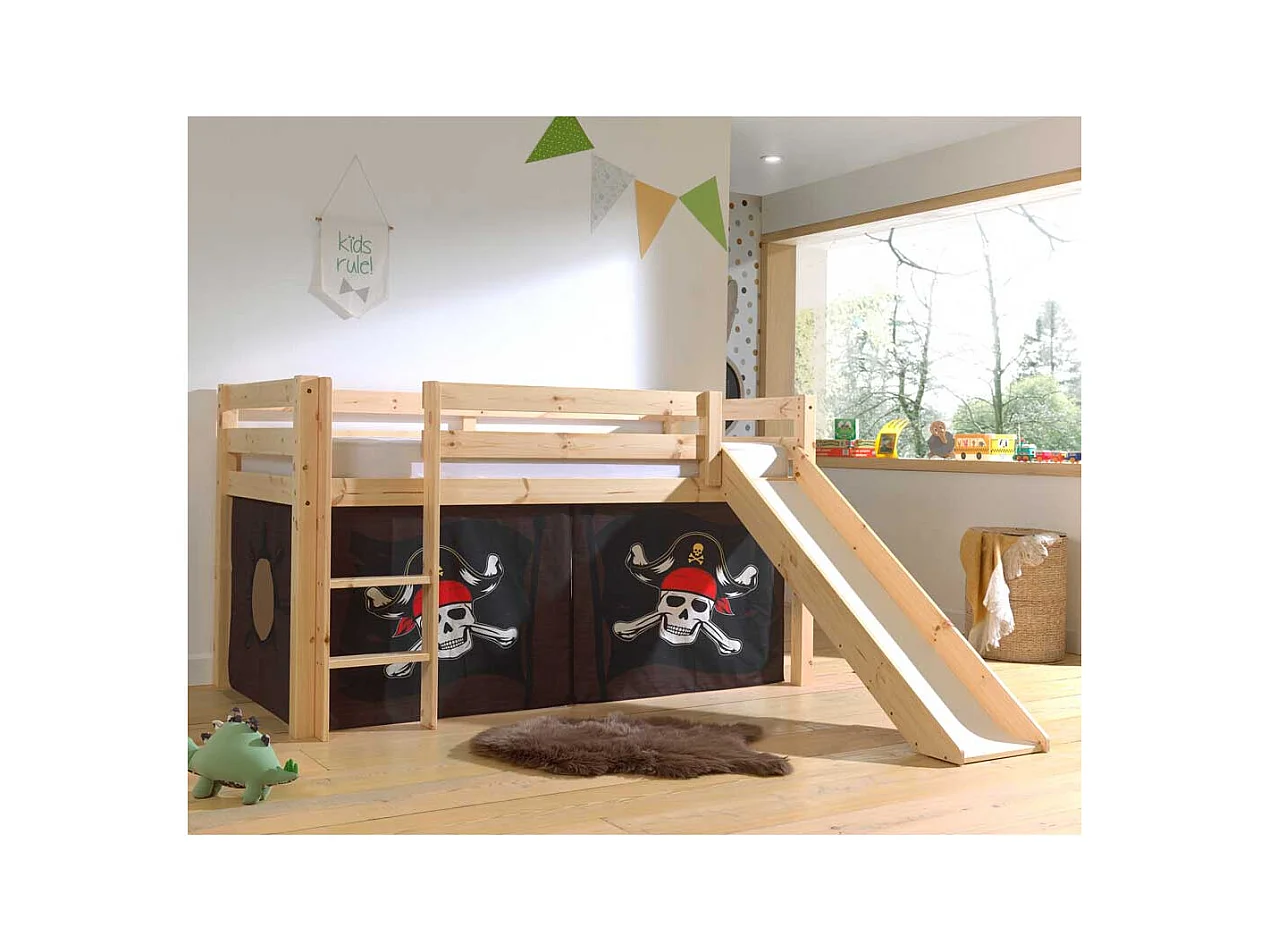 Spielbett Pirat aus Kiefer Massivholz Rutsche & Vorhang