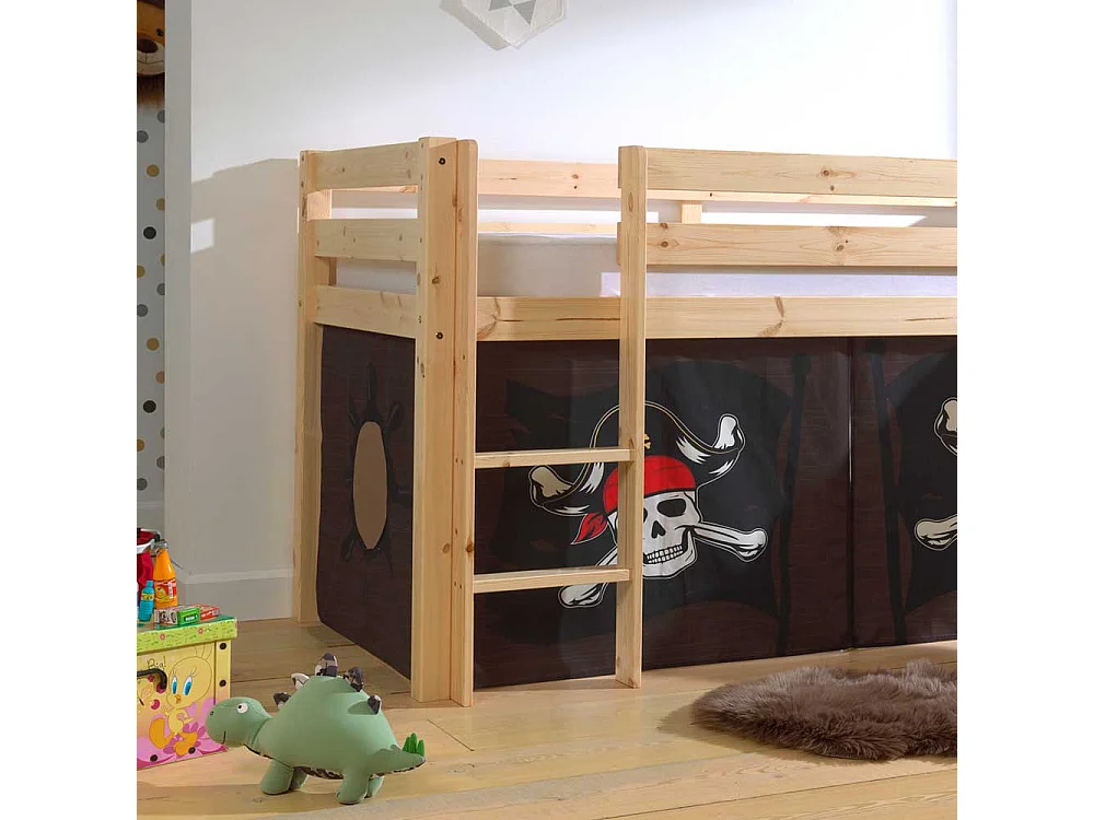 Spielbett Pirat aus Kiefer Massivholz Rutsche & Vorhang