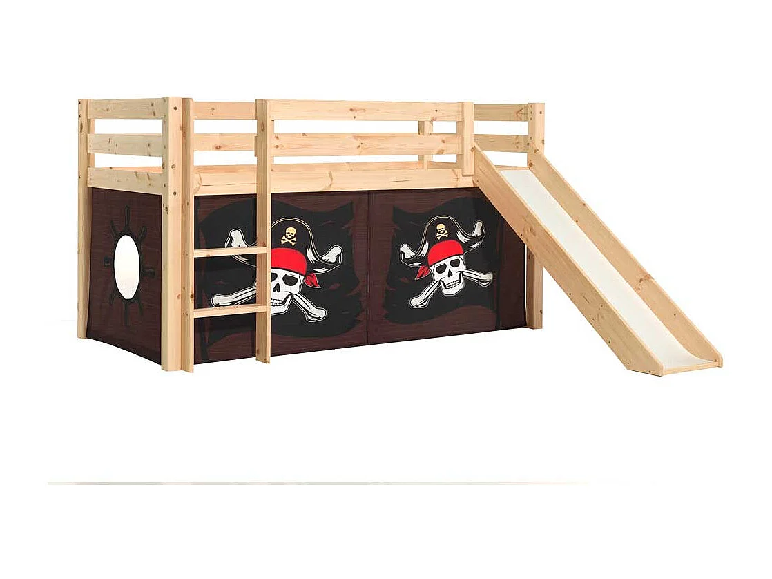 Spielbett Pirat aus Kiefer Massivholz Rutsche & Vorhang