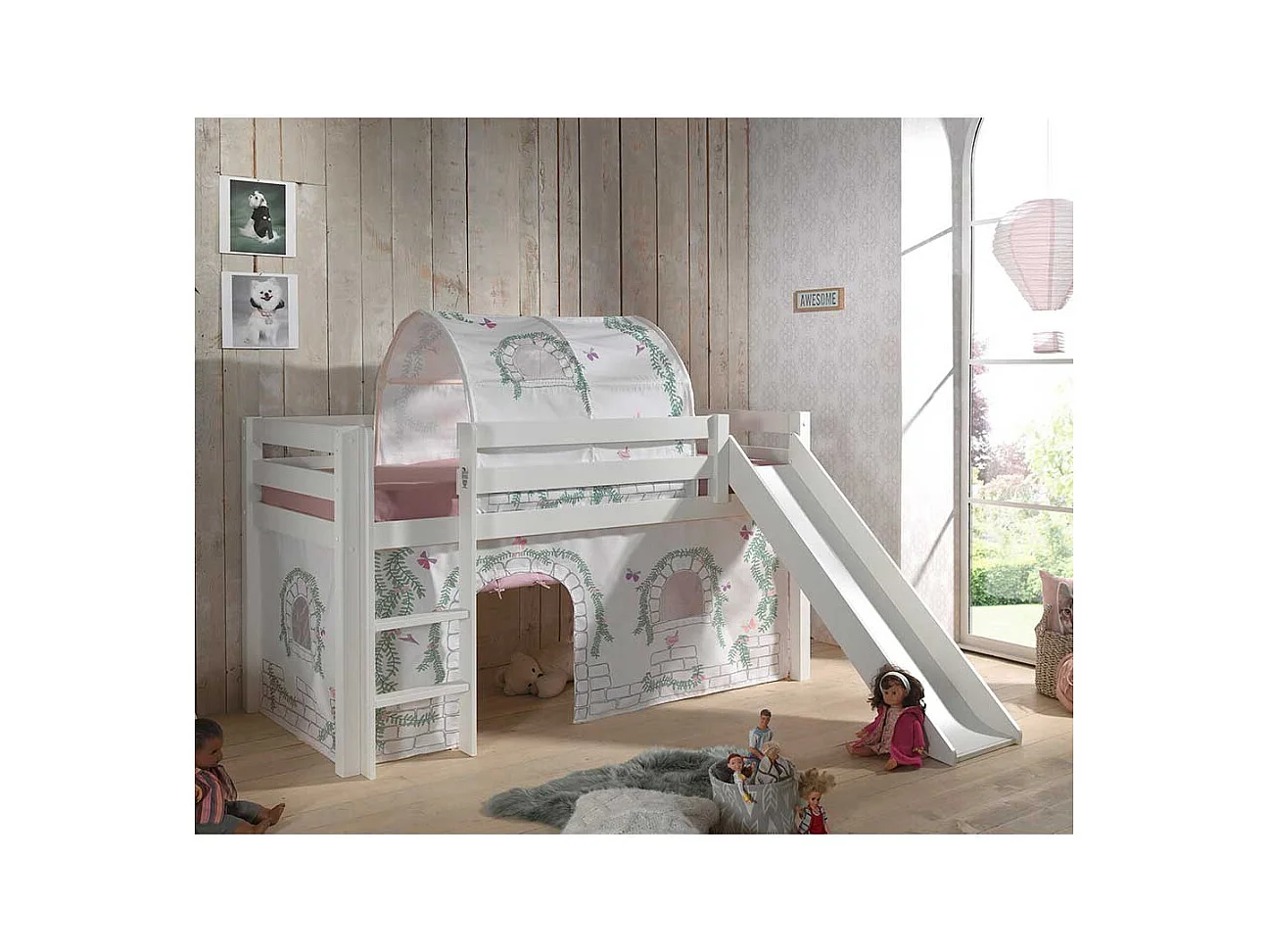 Kinder Halbhochbett in Weiß Kiefer Massivholz