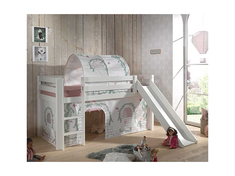 Kinder Halbhochbett in Weiß Kiefer Massivholz