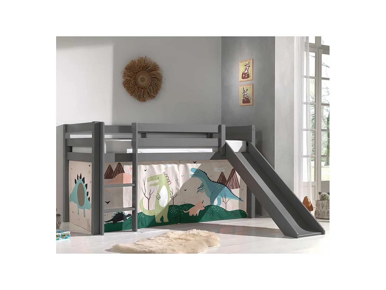 Kinder Halbhochbett in Grau lackiert Dinosaurier Motiv
