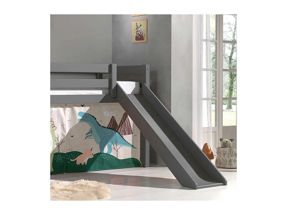 Kinder Halbhochbett in Grau lackiert Dinosaurier Motiv