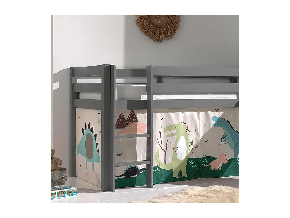 Kinder Halbhochbett in Grau lackiert Dinosaurier Motiv