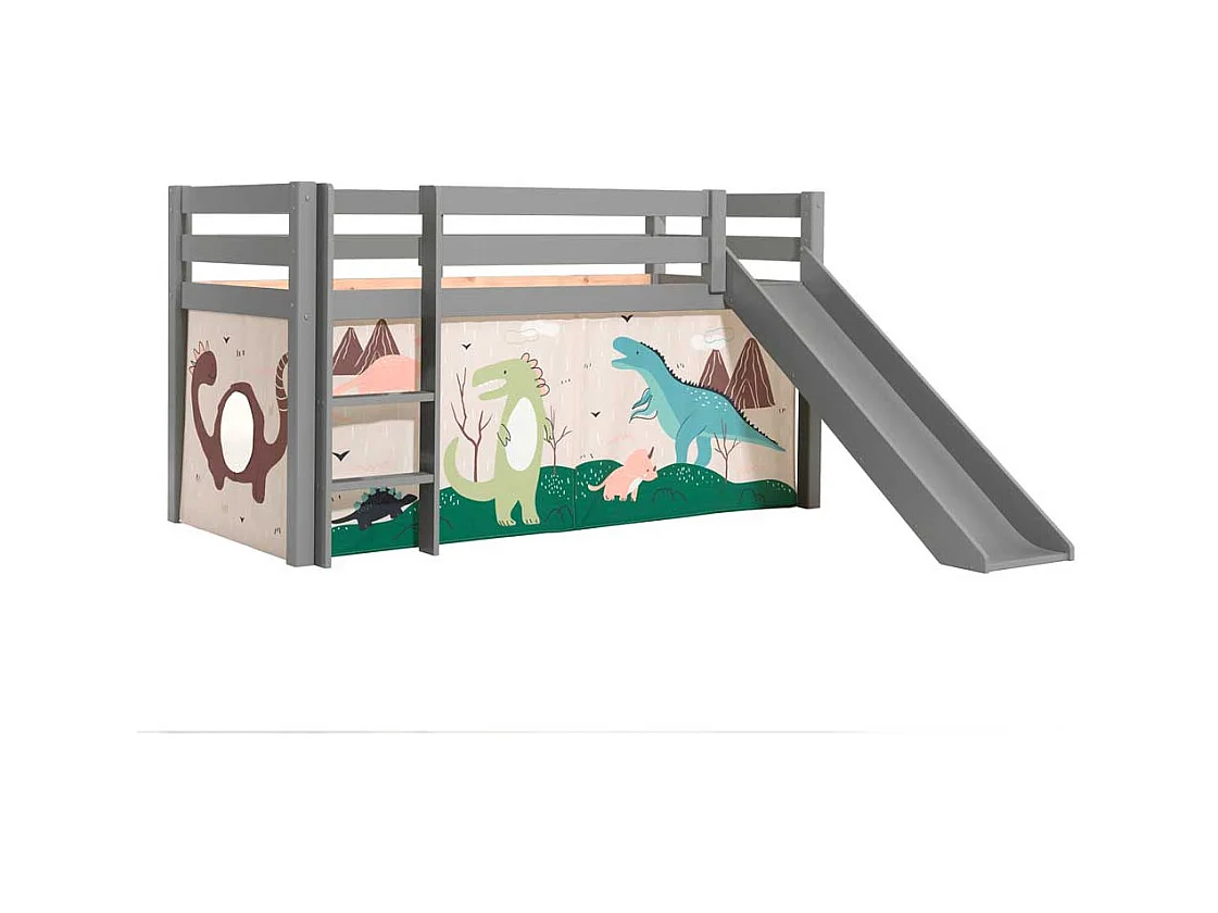 Kinder Halbhochbett in Grau lackiert Dinosaurier Motiv