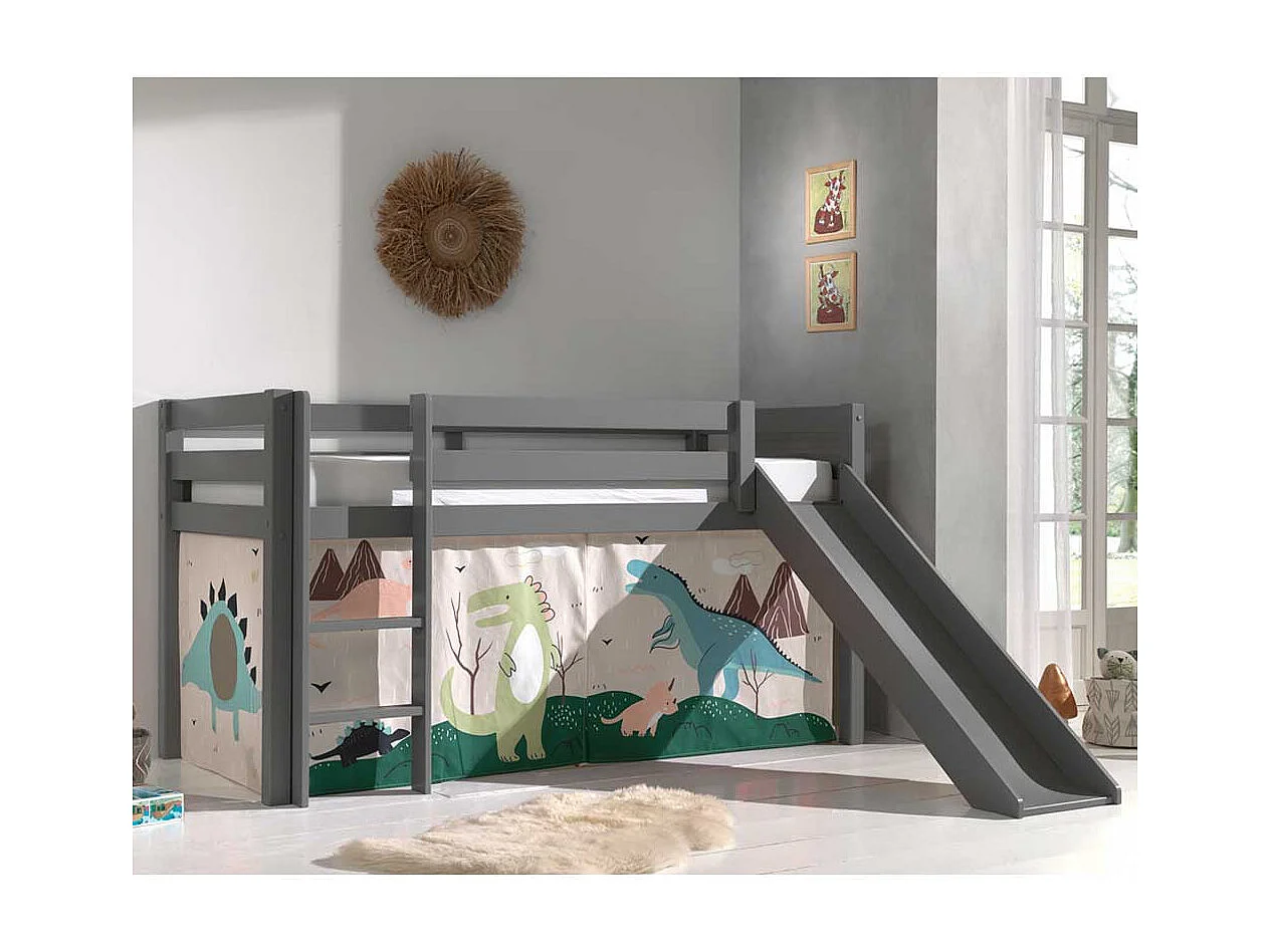 Kinder Halbhochbett in Grau lackiert Dinosaurier Motiv