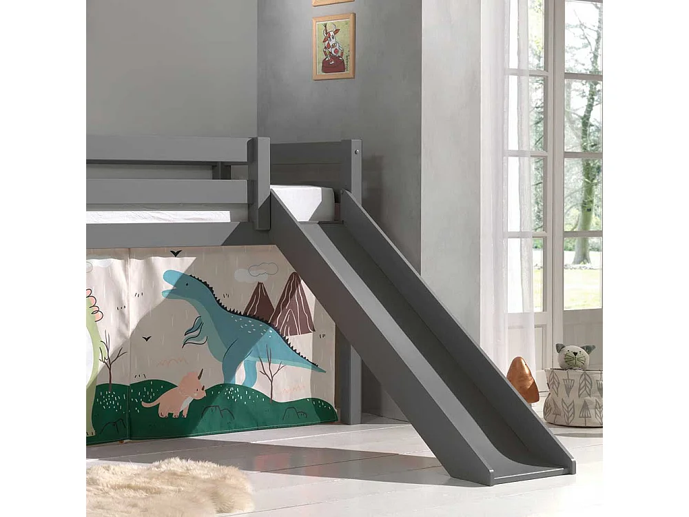 Kinder Halbhochbett in Grau lackiert Dinosaurier Motiv