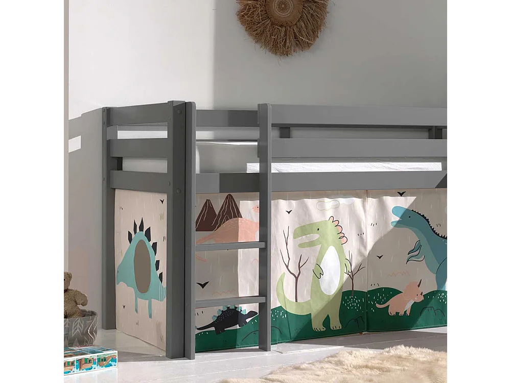 Kinder Halbhochbett in Grau lackiert Dinosaurier Motiv