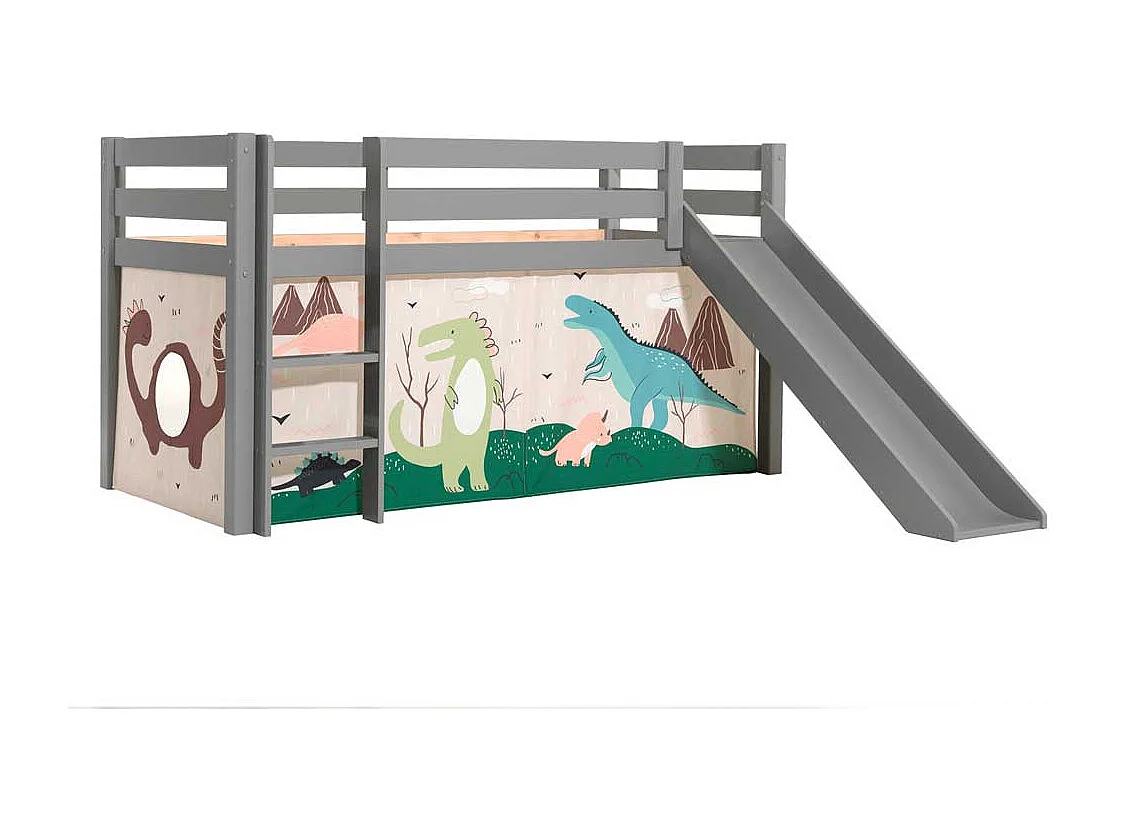 Kinder Halbhochbett in Grau lackiert Dinosaurier Motiv