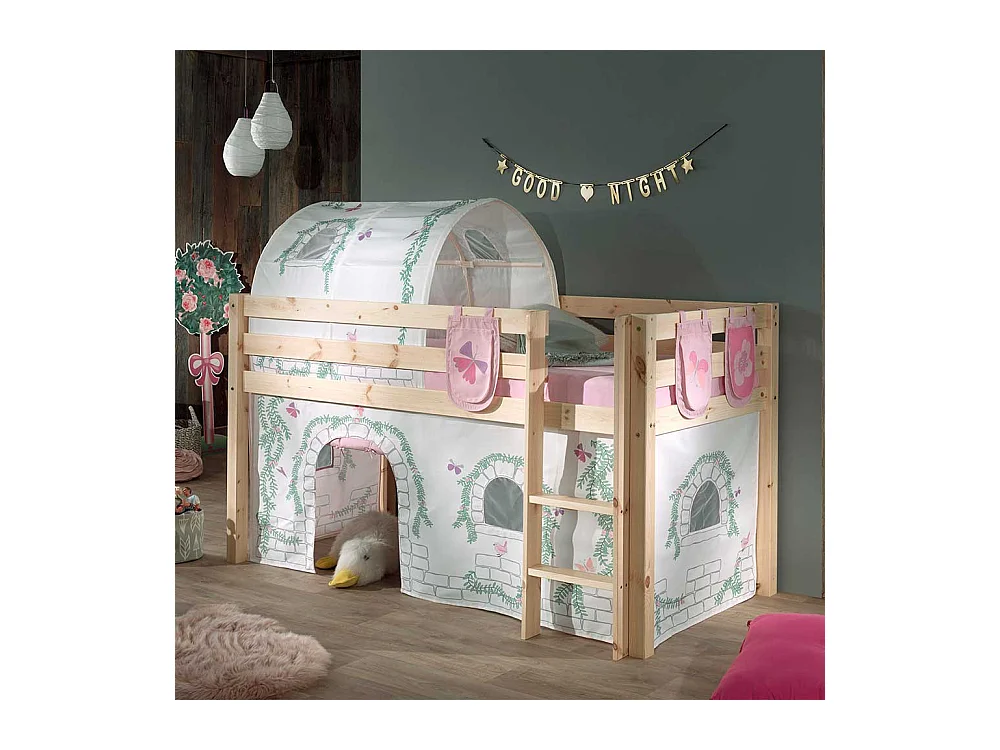 Kiefer Halbhochbett massiv lackiert Vorhang