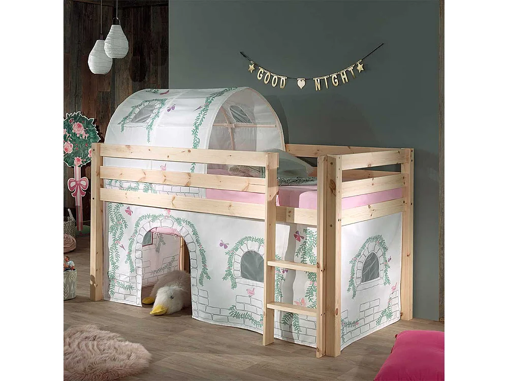 Hochbettgestell aus Kiefer Massivholz Vorhang