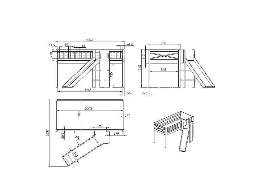 Spielbett Feuerwehr aus Kiefer Massivholz Rutsche