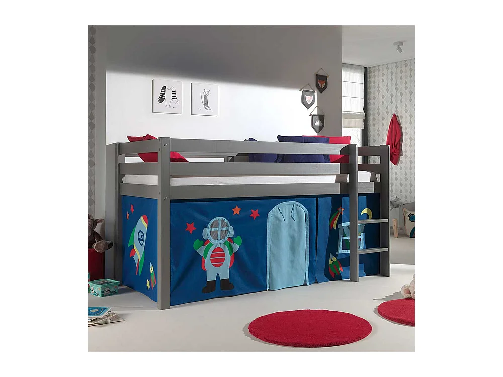 Graues Hochbett aus Kiefer Massivholz Vorhang