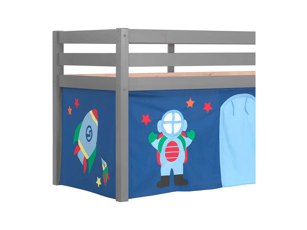 Graues Hochbett aus Kiefer Massivholz Vorhang