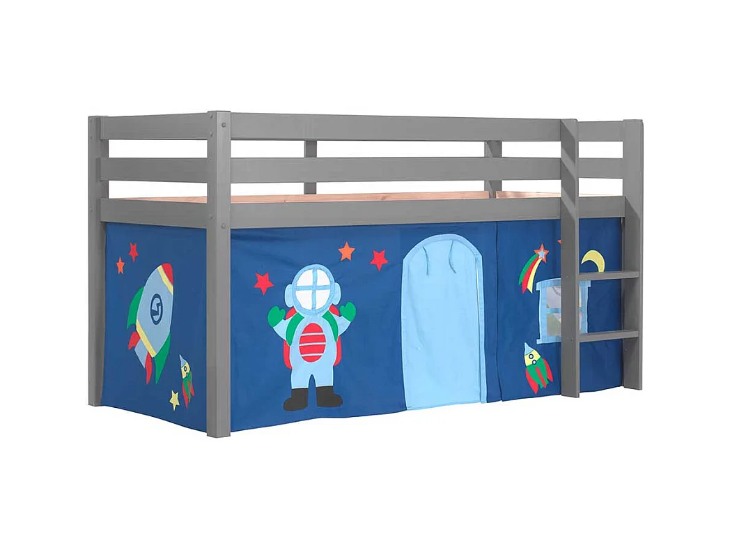 Graues Hochbett aus Kiefer Massivholz Vorhang