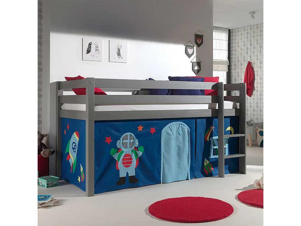 Graues Hochbett aus Kiefer Massivholz Vorhang