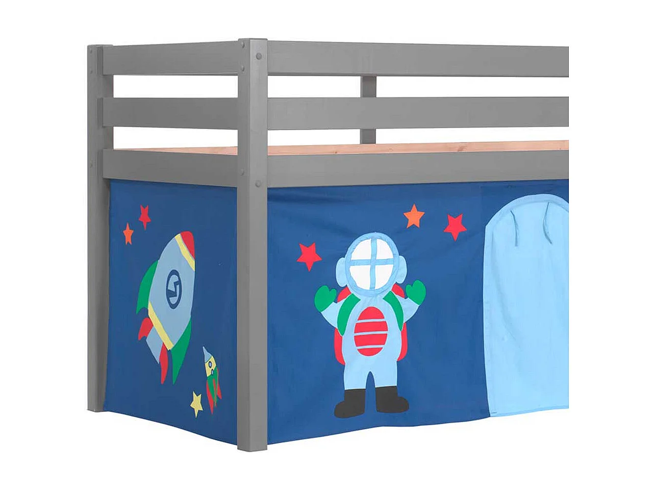 Graues Hochbett aus Kiefer Massivholz Vorhang