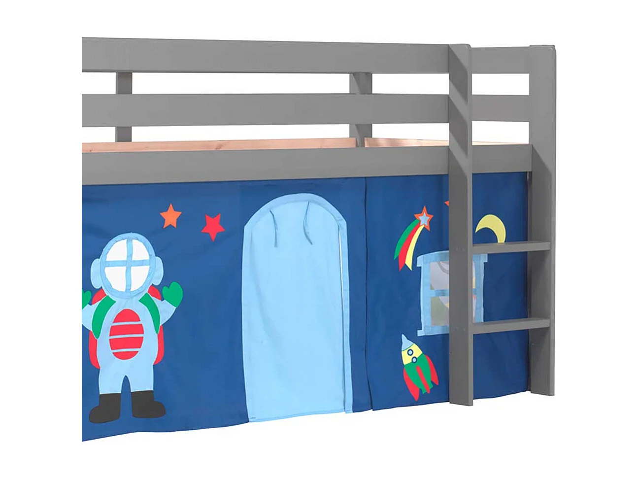 Graues Hochbett aus Kiefer Massivholz Vorhang