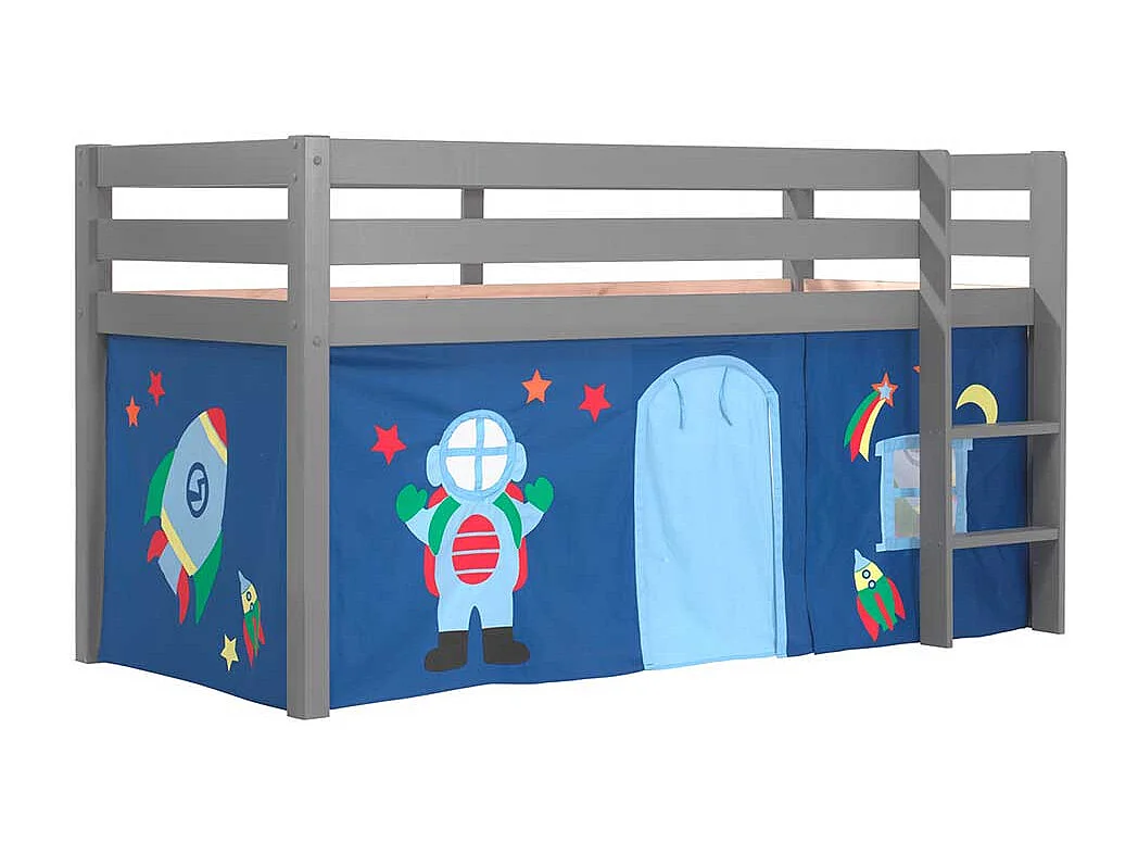 Graues Hochbett aus Kiefer Massivholz Vorhang