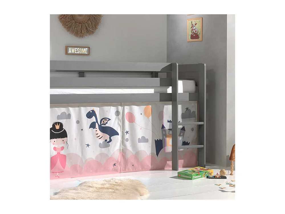 Halbhohes Kinderbett aus Kiefer Massivholz Grau mit Prinzessin Vorhang