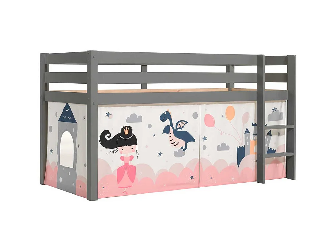 Halbhohes Kinderbett aus Kiefer Massivholz Grau mit Prinzessin Vorhang
