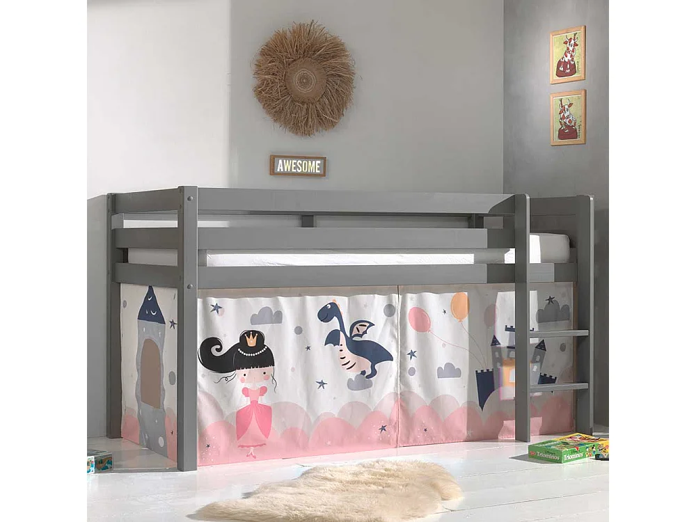 Halbhohes Kinderbett aus Kiefer Massivholz Grau mit Prinzessin Vorhang