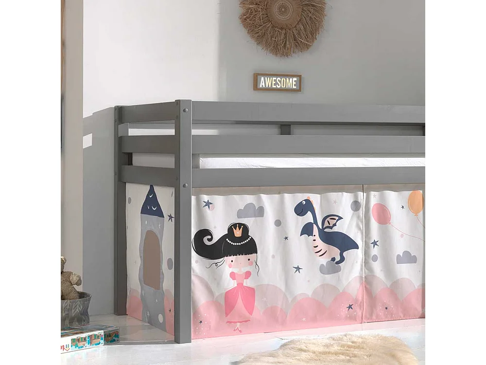 Halbhohes Kinderbett aus Kiefer Massivholz Grau mit Prinzessin Vorhang