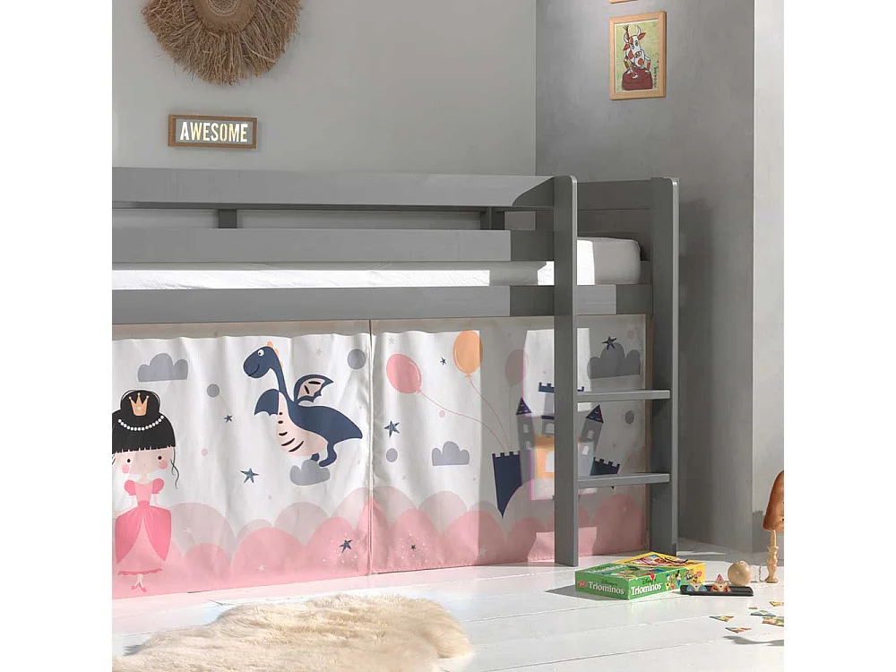 Halbhohes Kinderbett aus Kiefer Massivholz Grau mit Prinzessin Vorhang