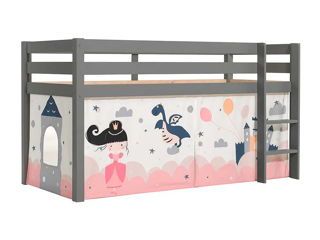 Halbhohes Kinderbett aus Kiefer Massivholz Grau mit Prinzessin Vorhang