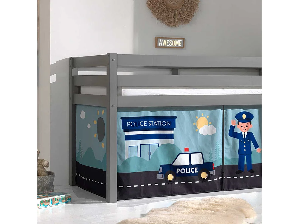 Kinder Hochbett aus Kiefer Massivholz Grau mit Leiter und Polizei Vorhang