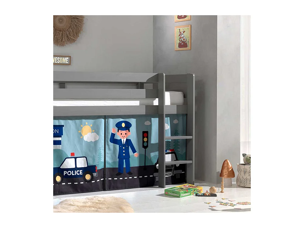Kinder Hochbett aus Kiefer Massivholz Grau mit Leiter und Polizei Vorhang