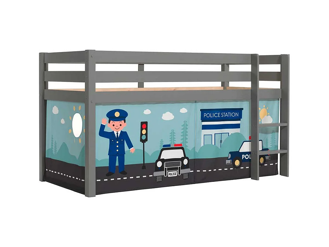Kinder Hochbett aus Kiefer Massivholz Grau mit Leiter und Polizei Vorhang
