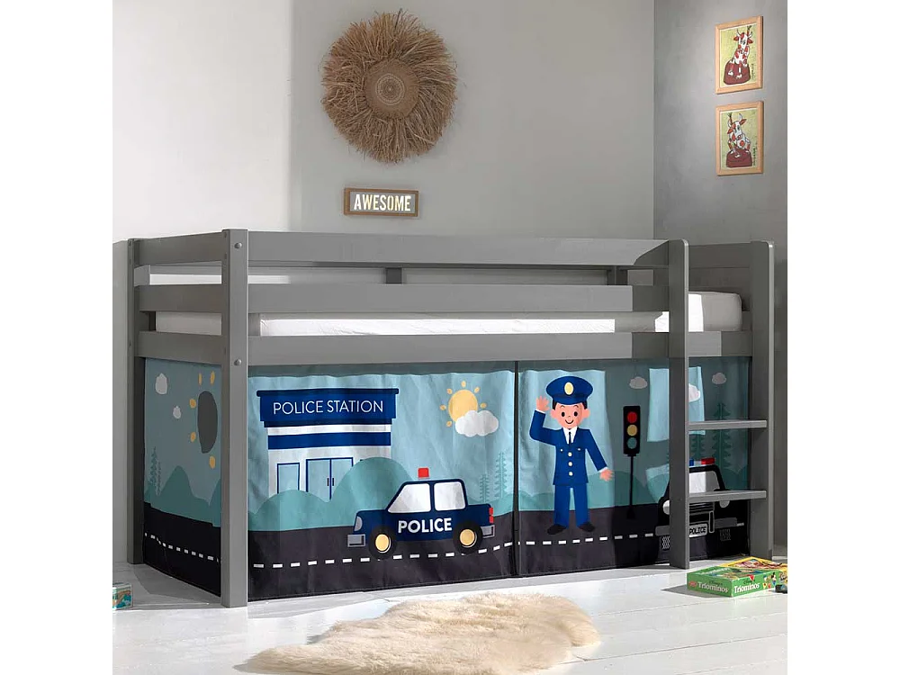 Kinder Hochbett aus Kiefer Massivholz Grau mit Leiter und Polizei Vorhang