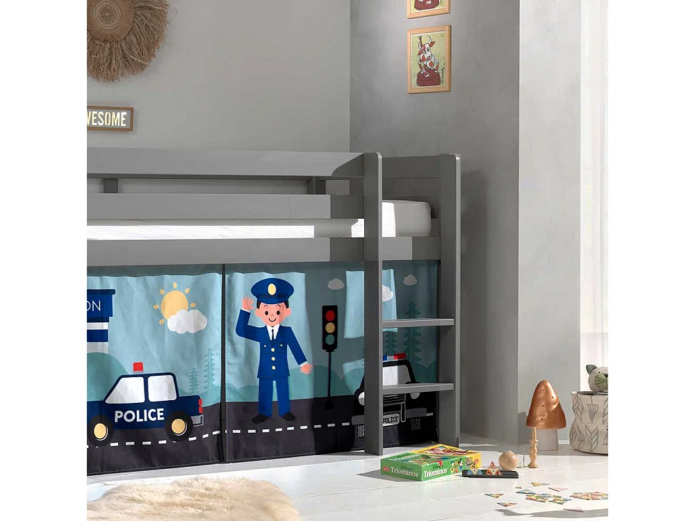 Kinder Hochbett aus Kiefer Massivholz Grau mit Leiter und Polizei Vorhang