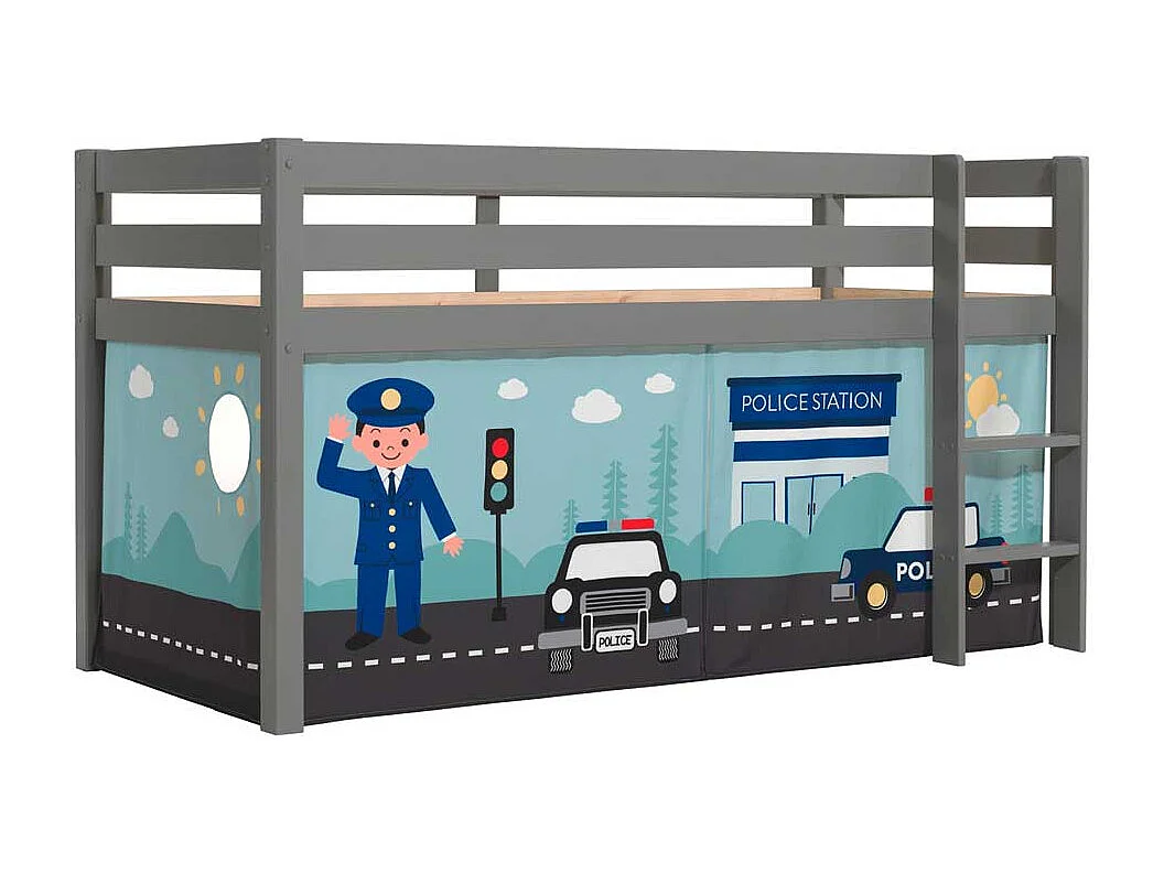 Kinder Hochbett aus Kiefer Massivholz Grau mit Leiter und Polizei Vorhang