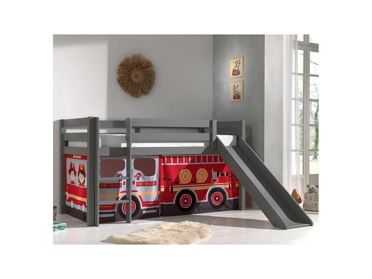 Graues Kinder Halbhochbett mit Rutsche Vorhang mit Feuerwehr Motiv