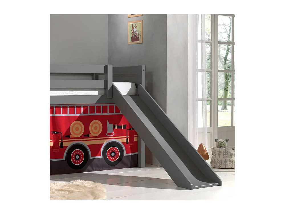 Graues Kinder Halbhochbett mit Rutsche Vorhang mit Feuerwehr Motiv
