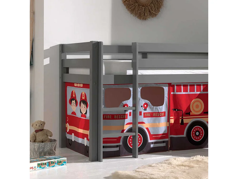 Graues Kinder Halbhochbett mit Rutsche Vorhang mit Feuerwehr Motiv