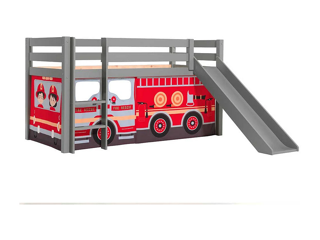 Graues Kinder Halbhochbett mit Rutsche Vorhang mit Feuerwehr Motiv