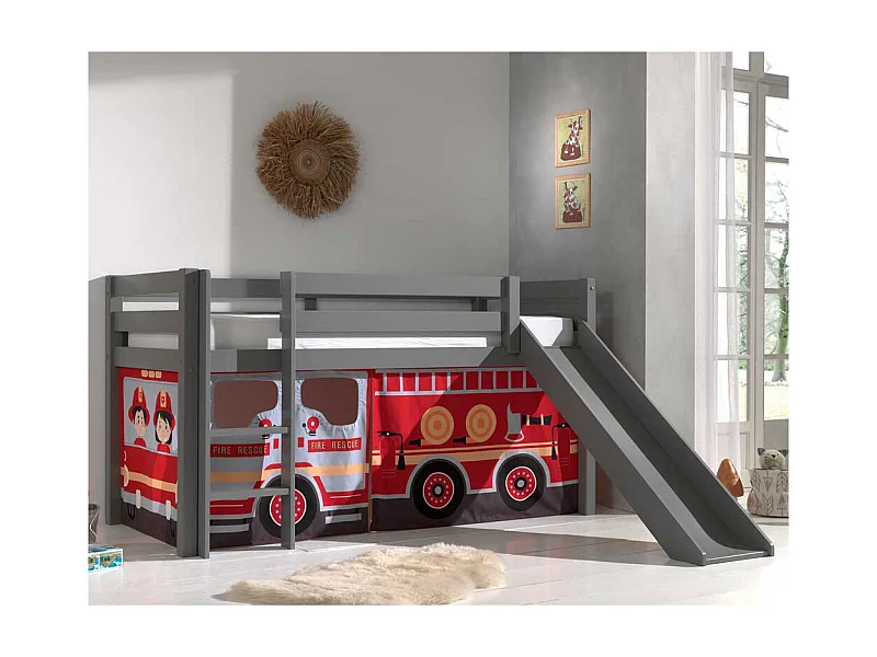 Graues Kinder Halbhochbett mit Rutsche Vorhang mit Feuerwehr Motiv